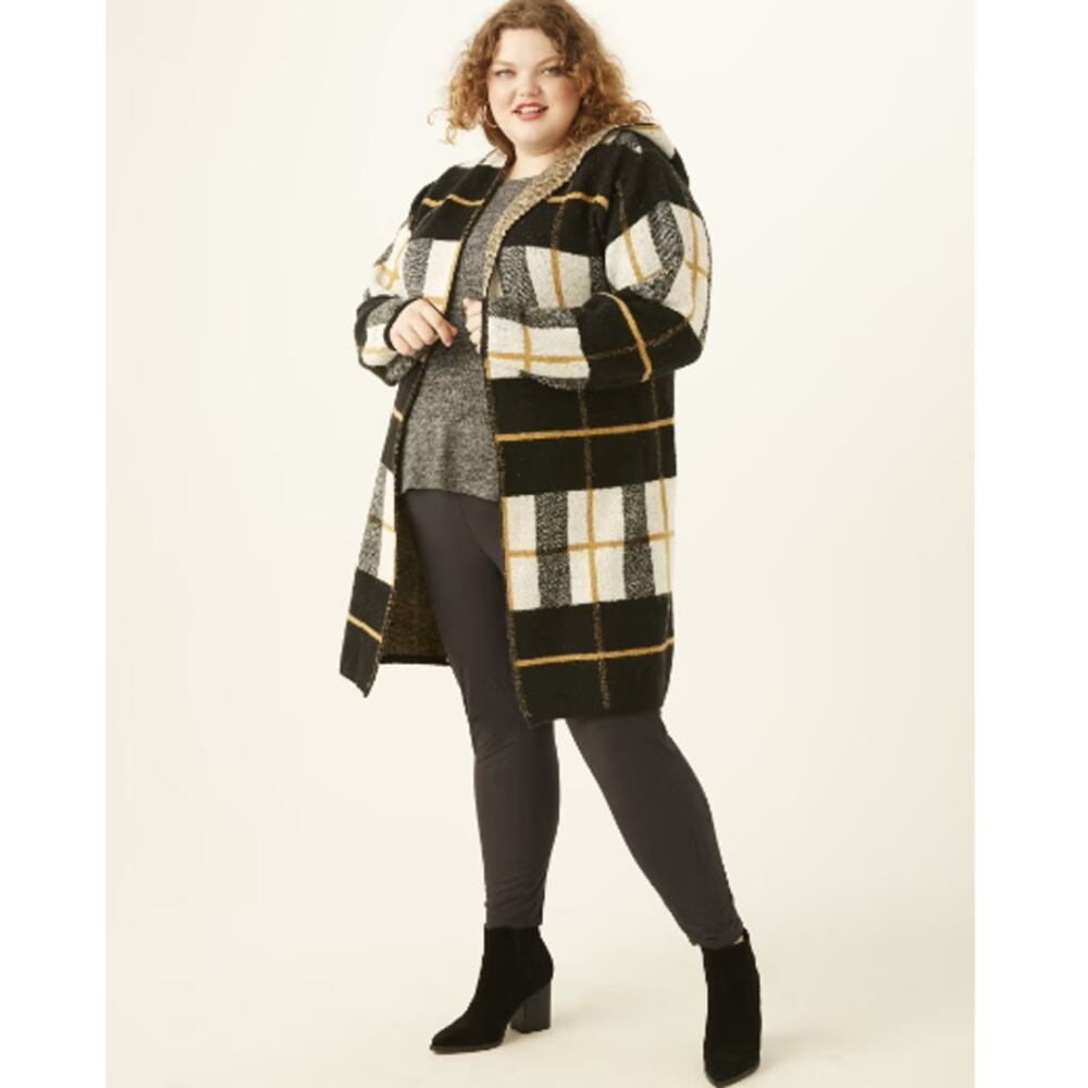 MERI SKYE Lottie Plaid Long Hooded Cardigan Size 1X